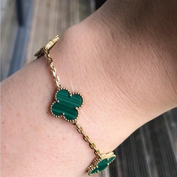 Clover Bracelet, 5-Motif Quatrefoil Alhambra, Green Malachite & Gold, New - Picture 5 of 7